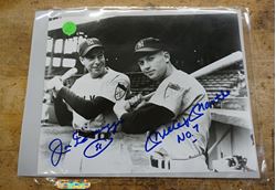 Picture of JOE DIMAGGIO & MICKEY MANTLE YANKEES B&W 8X10 PHOTO W/57 & NO.7 INSCRIPTIONS . MINT CONDITION WITH COA. 