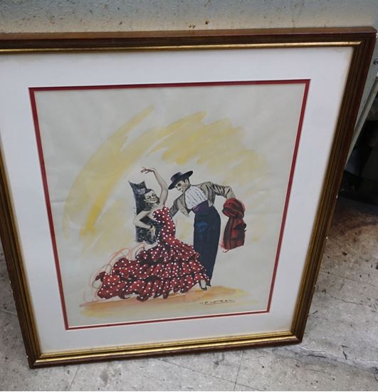 Picture of ART PRINT 15.5 X 19.5  SPANISH FLAMENCO DANCERS BY BELTRAN ARTIST FRAMED 21 X 25.  GOOD CONDITION,  BUT FRAME NEED SOME TOUCH UP.