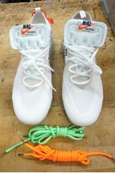 Picture of NIKE AIR VAPORMAXTHE 10 OFF-WHITE WITH EXTRA LACES GREEN ORANGE 11 AA3831-100. PRE -OWNED. MINT CONDITION. HAVE MARK INSIDE. SUPER CLEAN CONDITION. WITH EXTRA LACES GREEN AND ORANGE. NO BOX. 