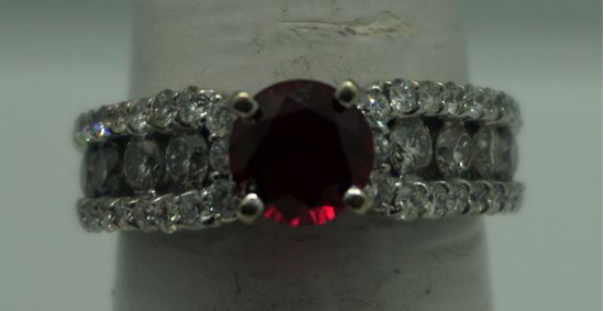 Picture of 14kt white gold ring with diamonds and red stone size 6.75