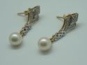 Picture of 14KT YELLOW GOLD DROP PEARL (2 PEARLS 6.75MM EACH) EARRINGS  ( 1 INCH LONG ) 3.4GR WITH 30 ROUND DIAMONDS 0.33PTS. GOOD CONDITION. 851617-1.