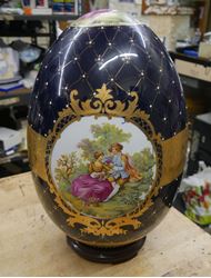 Picture of Very Rare, Vintage Limoges Fragonard Large 16x12." Egg With Wood Base mint condition. antique. 